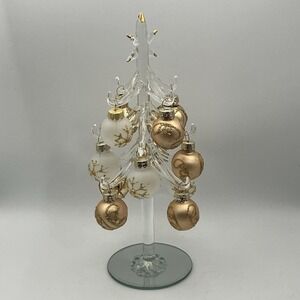 Vintage Glass Christmas Tree / With Ornament Gold Balls / 8" Hand Blown Holder